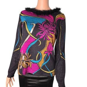 Ruby Cho Silk Blend Abstract Floral Sequin Feather Trim Sweater Black M Vintage